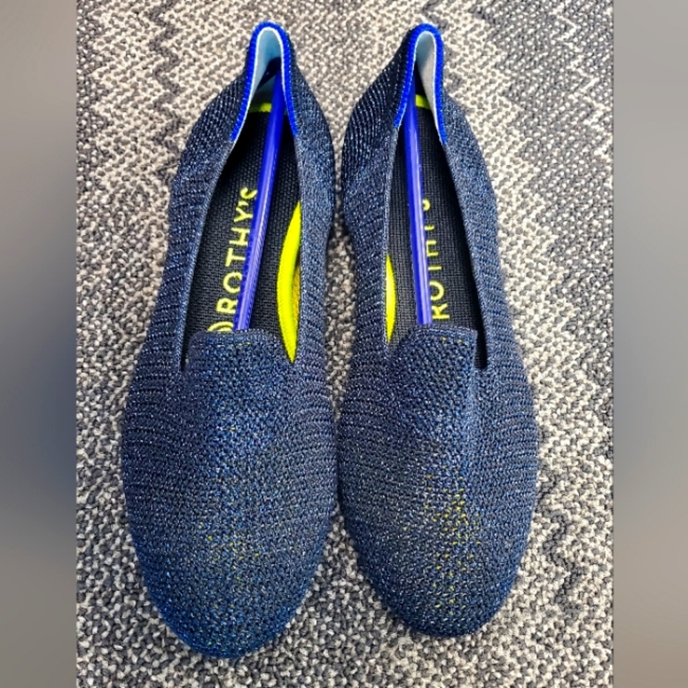 LIKE NEW Rothy's Iridescent Navy Blue Loafer, Sz 7, Lime Green Accent
